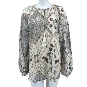 Sweet Magnolia Top Women XL Ivory Black Floral Boho Tassel Peasant Summer Office